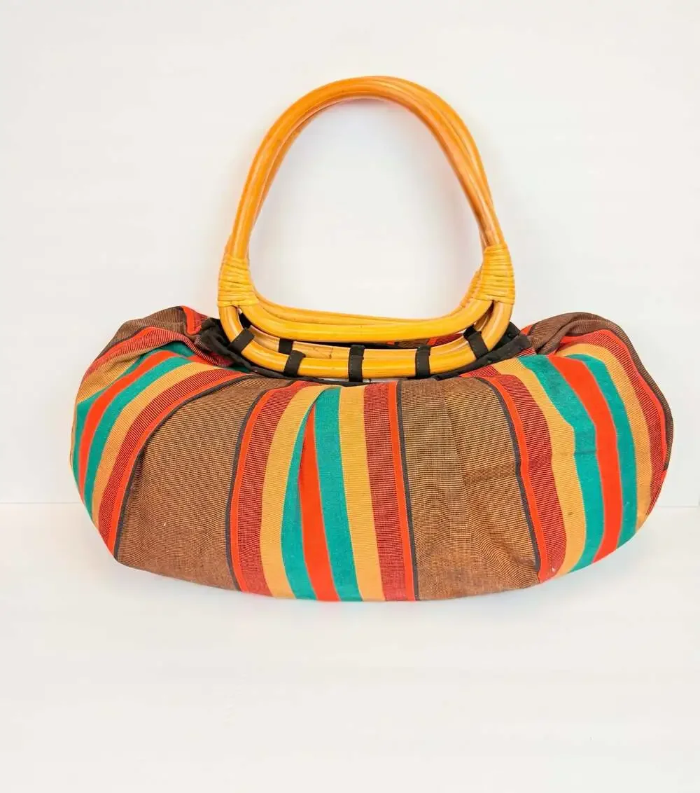 Putu By J. Maclear Bohemian Striped Fabric Hobo Bag with Rattan Handles